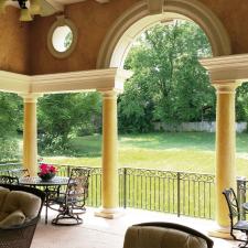 Custom designed loggia Venetian plaster columns with faux stone capitals and base and upper wall O’villa plaster finish